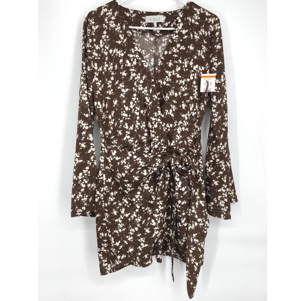 Wayf Brown Floral Mini Dress with Cream Print